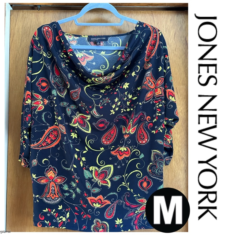 🚨 SALE Jones New York Women's Paisley Cowl Neck Blouse - Navy and Red